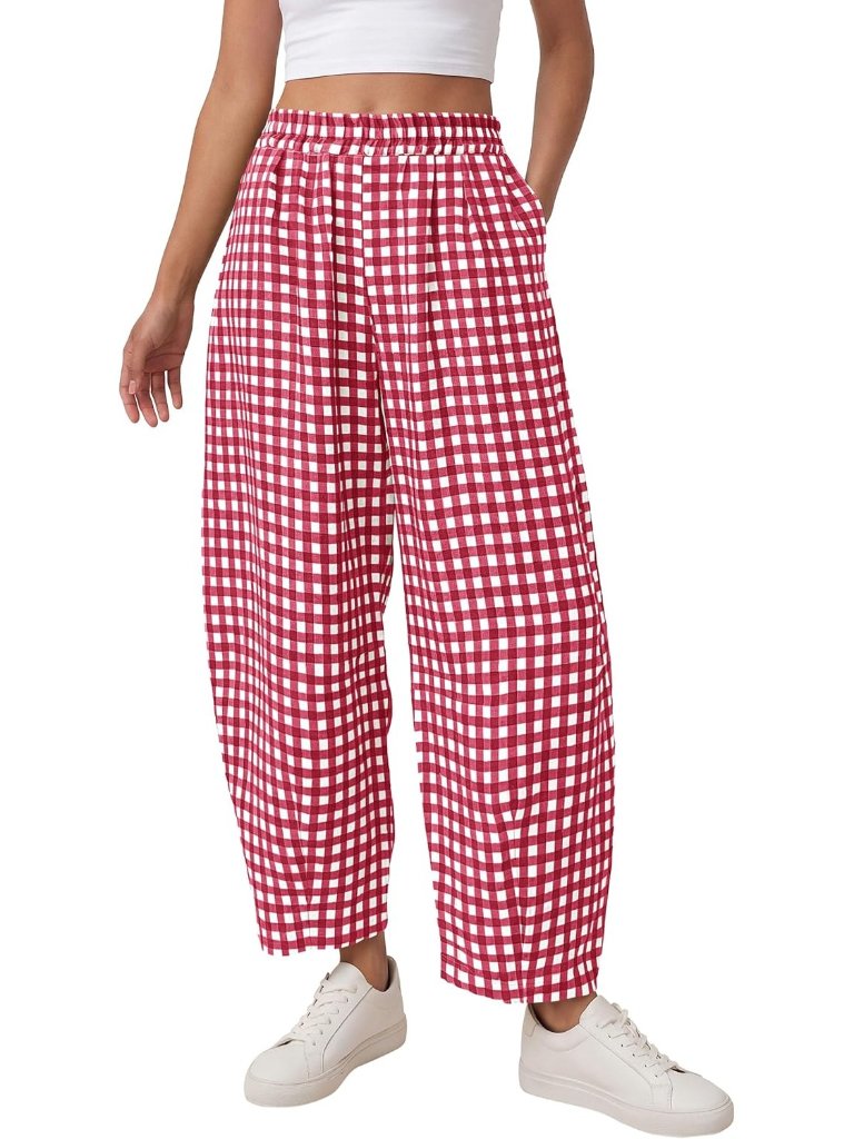 Women's Red Plaid Casual Loose Wide Leg Trousers Spring Fashion Beach Bottoms